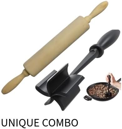Classic Wooden Rolling Pin for Baking & Meat Masher Tenderizer Set – 2-in-1 Heat-Resistant and Safe for Non-Stick Cookware - 17-Inch Natural Beechwood Dough Roller with Easy-Grip Handle.