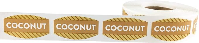 Coconut Grocery Store Food Labels .75 x 1.375 Inch Oval Shape 500 Total Adhesive Stickers