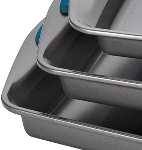Rachael Ray Nonstick Bakeware Cookie Pan Set, 3-Piece, Gray with Marine Blue Silicone Grips