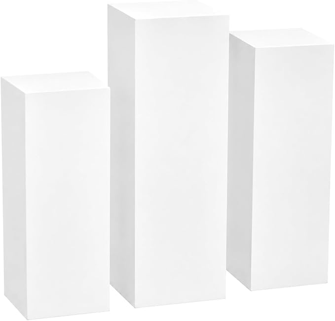 SwallowLiving 3PCS Metal White Display Pedestal Stand for Parties, Square Tall Pedestal Cake Stands Pillars for Wedding, Sculpture Display Stand Column Decoration