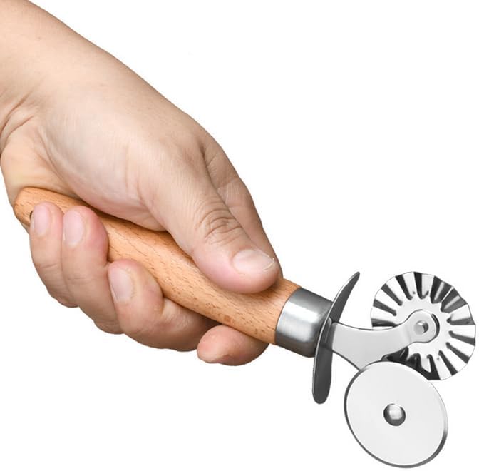 SHANGSKY Pastry Cutter Wheel, Ravioli Cutter Wheel with Long Wooden Handle, Pasta Cutter Dumpling Lace Making Noodle Ruffled Edge Cookies Pie Cutter Kitchen Dough Cutting Tool (Dual Wheel)