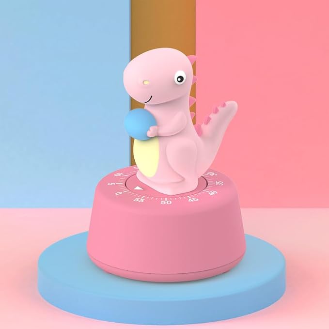 ELE DEPI 60 Minutes Mechanical Kitchen Timer,Cute Dinosaur Timer for Kids,Wind Up Egg Timer for Cooking,Reading,Classroom and Do Sports. (Pink)