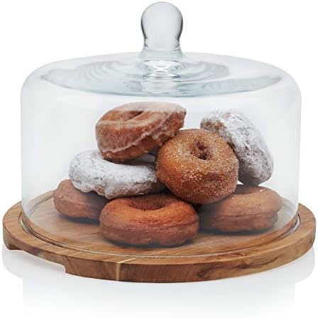 Libbey Acacia Wood Cake Stand with Lid, Ball Top Handle Cake Holder with Lid, Covered Pastry Holder, Durable Glass Dome Cover