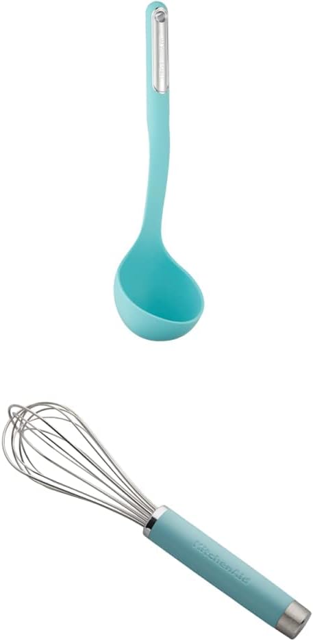 KitchenAid Silicone Ladle, 13 inches, Aqua Sky & KitchenAid Gourmet Utility Whisk, 10.5-Inch, Matte Aqua Sky
