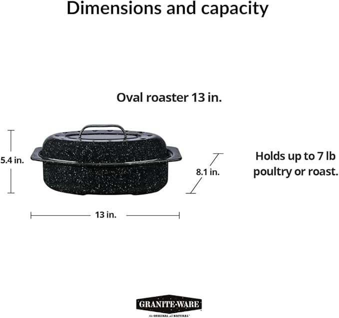 Granite Ware 13" Oval Roaster with Lid – Enameled Steel, Oven Safe to 932°F – Ideal for Roasting, Baking & Sourdough Bread – Self-Basting Cover, Dishwasher Safe, 7 lb Capacity