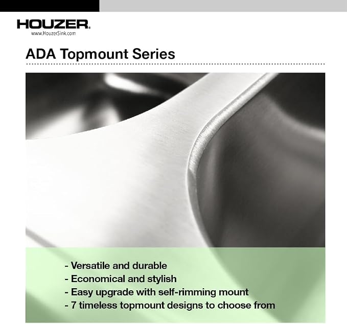 Houzer ADA Compliant Stainless Steel Kitchen Sink - 22 Inch Drop-in Topmount 3-Hole Single Bowl Sink, Durable & Versatile, Essential for Home & Apartment - A2219-603-1