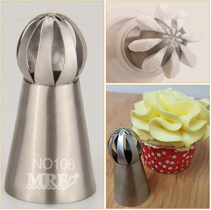 27 Pcs Extra Large Stainless Steel Seamless Russian Flower Ball Piping Tips Set with 1 Cleaning Brush,1 Reusable Pastry Bag,2 Flower Nails,2 Small Leaf Tips,1 Plastic Coupler for Cake Decorations