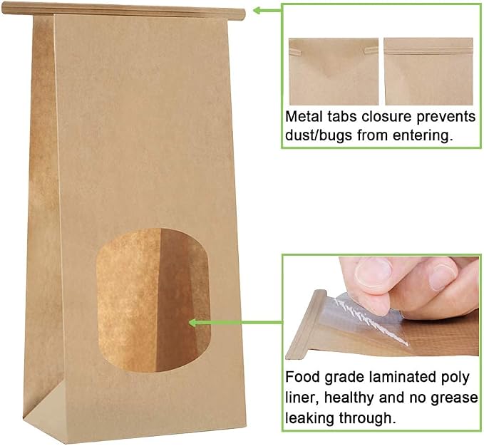BagDream Bakery Bags with Window 50Pcs 4.5x2.36x9.6 Inches Kraft Brown Paper Bags with Window, Tin Tie Tab Lock, for Bakery, Cookie, Coffee Bean, Party Favor, Snack