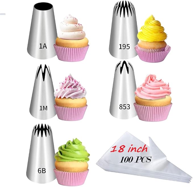18 Inch Large Piping Bags and Tips Set,100PCS Extra large piping bags Disposable with 5 Piping Tips(Round Tip/Open Tip/Closed Star Tip/Drop Flower Tip/French Star Tip for Cupcakes,Cookie,Cake decor