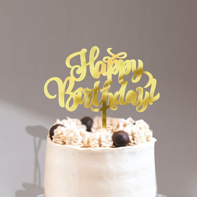 Sleyberoy Happy Birthday Cake Topper-Golden Acrylic Happy Birthday Cake Decor, Anniversary/Birthday Party Cake Decor (Acrylic gold)