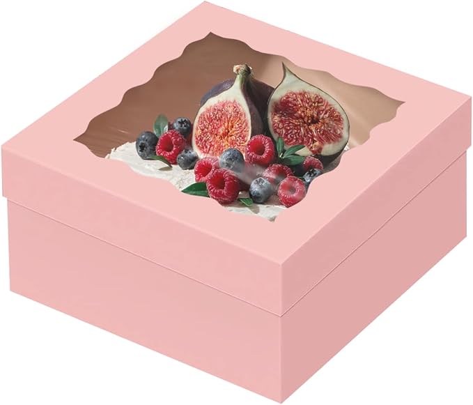 qiqee Pink 12x12x8 Cake Box, 4 Sets Pink Cake Box with Window & 4 Sets 12" Pink Cake Round Boards, 12inch Cake Containers
