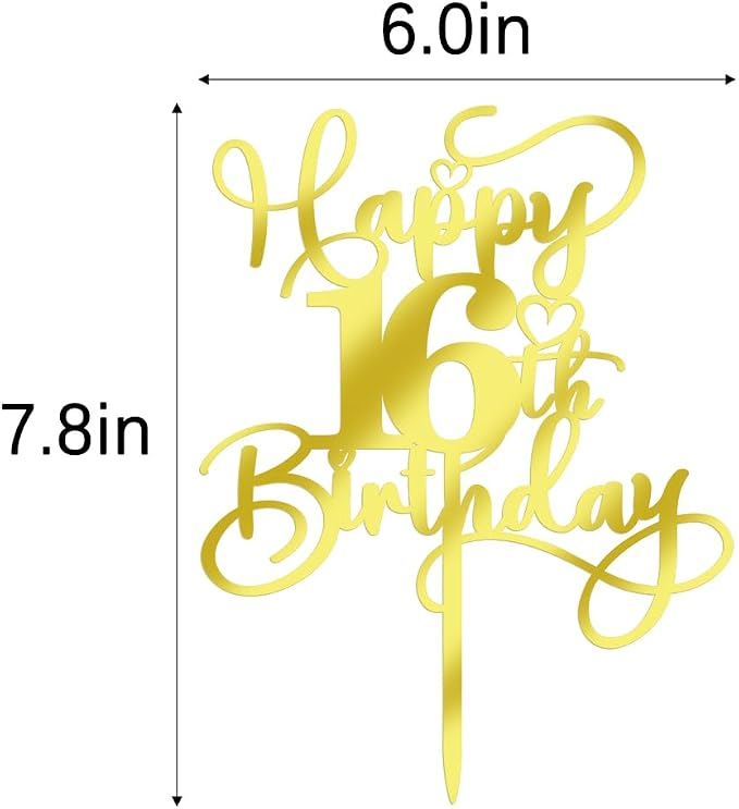 Happy 16th Birthday Cake Topper,Mirrored Gold Acrylic Birthday Topper for Cheers to 16 Years Birthday/Anniversary Party Decoration Ideas, Perfect Keepsake for your family and friends(16th)
