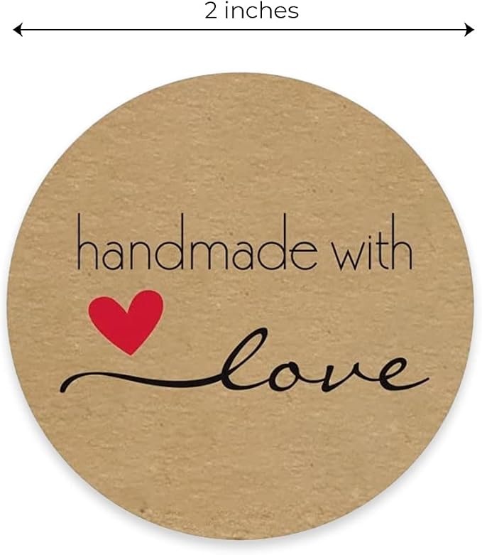2" Round Natural Brown Kraft Handmade with Love Stickers/Roll of 500 Labels/Homemade Handmade DIY Project Labels/Made in The USA