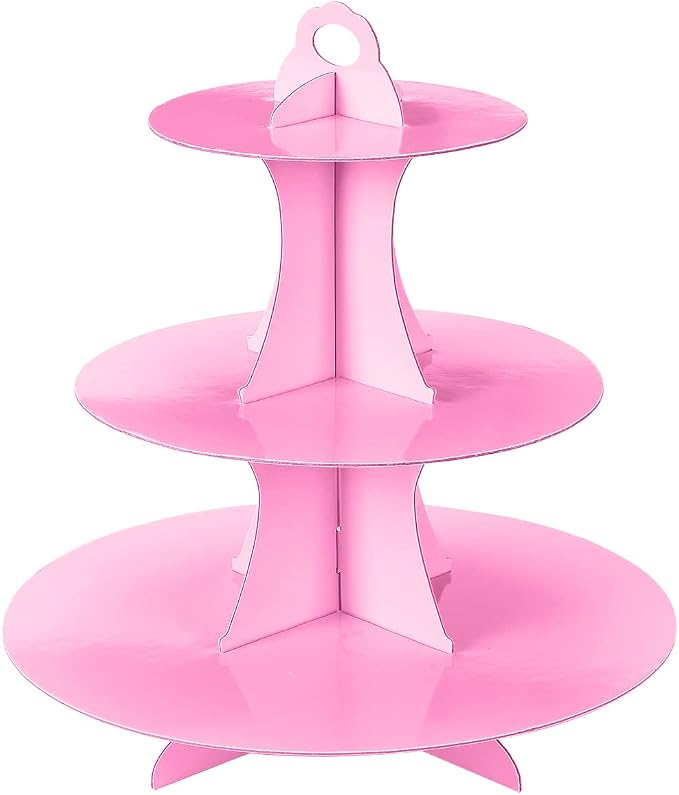YLDW Cupcake Stand, 3-Tier Cupcake Stand Display, Cardboard Cup Cake Tower Stand, Disposable Dessert Stand for Birthday Tea Party Baby Shower Treat Decorations, Pink