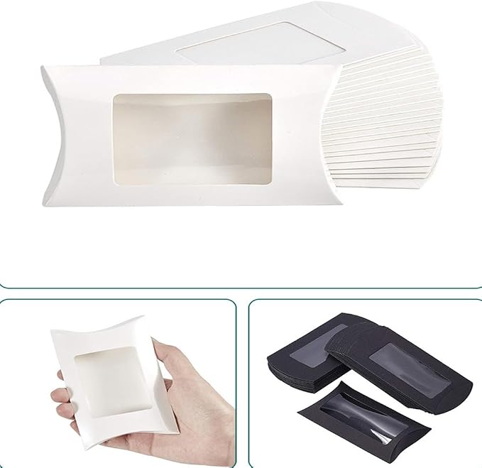 Wzttdm 40pcs White Paper Mini Pillow Packaging Box with Clear Window, Box Treat Gift Packaging Box for Bakery Candy Chocolate Jewelry Display Wedding Party Favor (kraft, 5 x 3 x 0.8 inches)