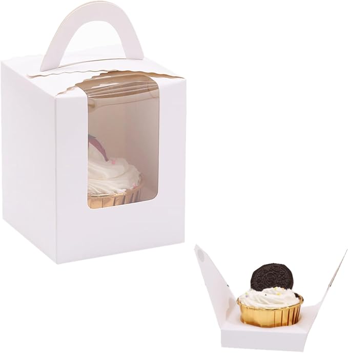 100 Pack Single Cupcake Boxes with Window, White Individual Cupcake Containers with Handle, 3.7x3.7x4.5 Inch Kraft Paper Favor Bakery Container for Small Cake, Muffins, Birthday, Wedding