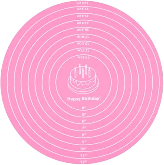 Silicone Cake Mat 2Pcs 12 Inch Round Baking Mats with Measurements Reusable Turntable Pastry Mats for Rolling Dough, Cakes, Pizza, and Cookies (1, Pink)