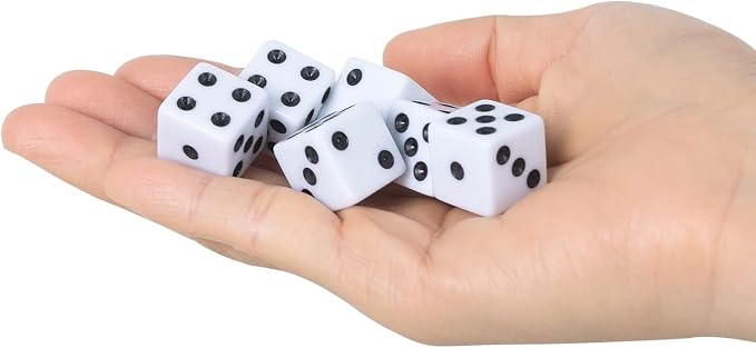 100 Pack 16MM White Dice - Six Sided Standard Opaque | Black Pips Dots, For Board Games, Group Event, Teaching Math