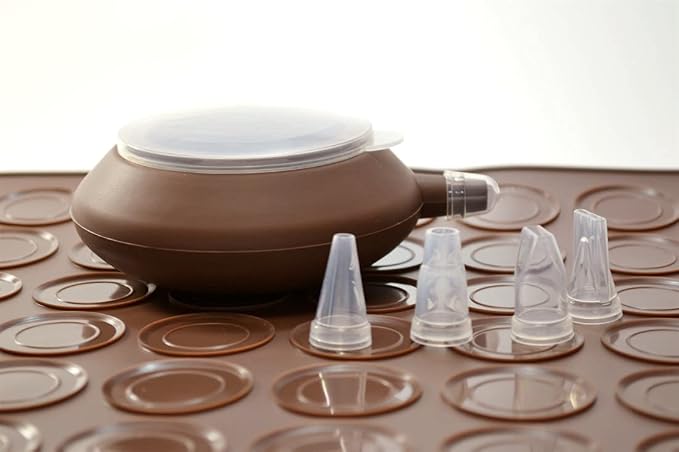 Food Grade Silicone Brown color Macaron Baking Kit Tray Set w. Piping Pot 4 types of nozzles & 1 Cleaning Scrubbing pad non stick reusable Macaroon Baking Supplies