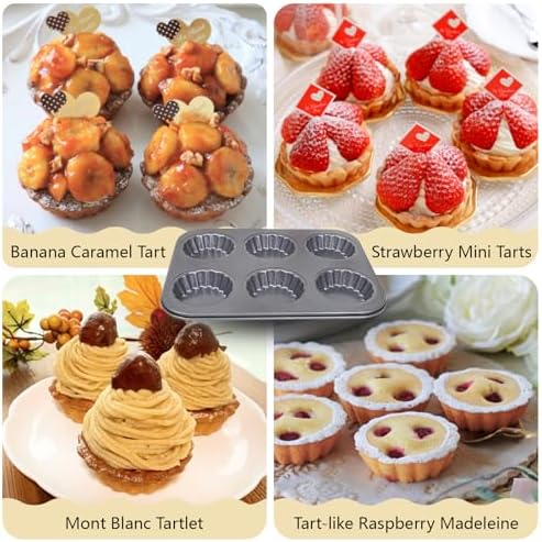Mini Tart pan with Tart Cutting Mold, 2.75" Egg Tart Molds 6-cavity Non Stick Fluted Mini Tart Mould, Reusable Quiche Bakeware Carbon Steel for Pies, Quiche, Cheese Cakes, Desserts