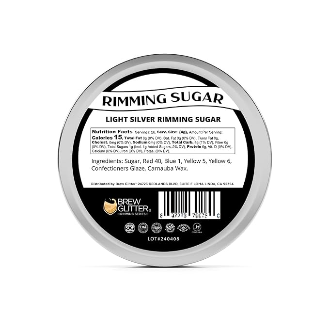 Brew Glitter - Light Silver Rimming Sugar (4oz, 1x Bar Tin) Cocktail Garnish for Mixed Drinks & Refreshments