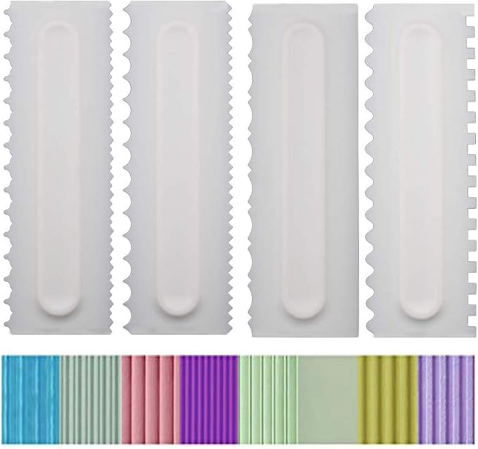 Decorating Comb and Icing Smoother Set of 4 Pack Decorating Mousse Butter Cream Cake Edge Tools, Plastic Sawtooth Cake Scraper Polisher 8 Design Textures-White