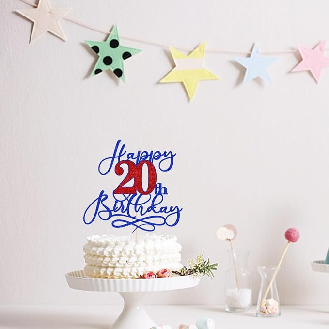 Happy 20th Birthday Cake Topper,Deep blue font red Numbers 20th Birthday Cake Decoration,Hello 20, Cheers to 20 Years/20th Anniversary,20& Fabulous Party Decoration