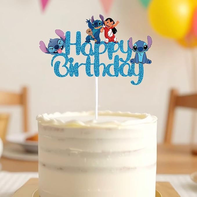 Blue Cake Topper, Glitter Happy Birthday Cake Decorations, Boys Girls Cute Cartoon Theme Party Supplies