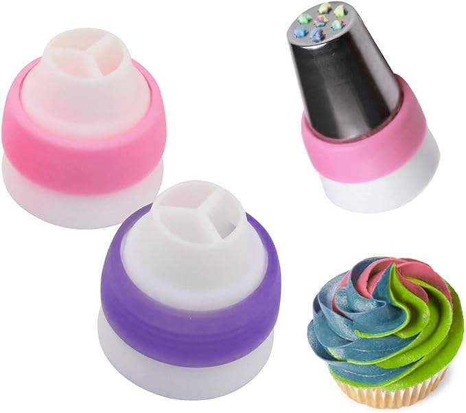4pcs Russian 3 Color Nozzle Converter Coupler Icing Nozzles Pink + Purple Single Hole/Three Holes Icing Cake Decor Tools