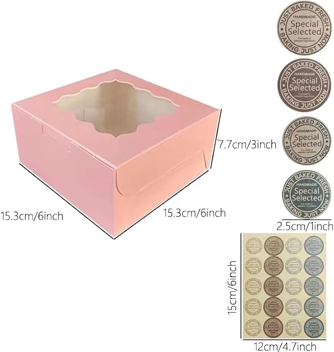 Generic 50Pcs (6x6x3 in) Mini Cake Boxes+3 stickers with Display Window for Gift Giving, Bakesale, Cupcakes, Dessert, Cookies, Pie, Macaroons, Donuts, Pastry, Kraft Paper Material… (50Pcs Pink)