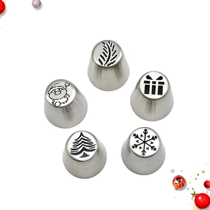 UPKOCH 5 Pcs Snowflake Piping Tips Set - Stainless Steel Russian Piping Tips Holiday Cookie, Cupcake, Cake Decorating - DIY Baking Tools with Christmas Frosting Nozzles