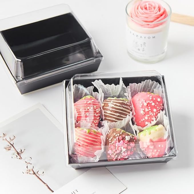 ZORRITA Paper Charcuterie Boxes with Clear Lids, 50 Pack, 5 Inch, Black | Square To Go Dessert Containers, Small Bakery Boxes, For Cake, Cookies, Sandwich, Strawberries