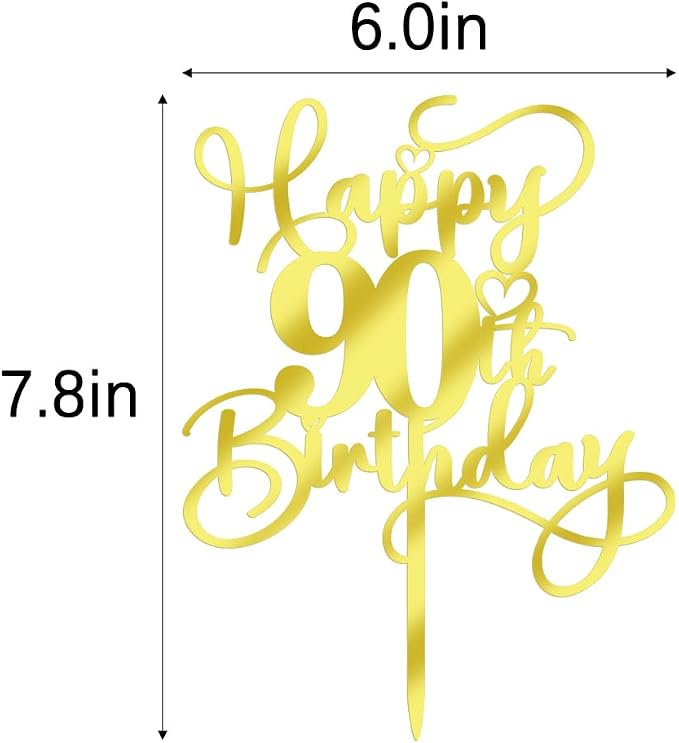 Happy 90th Birthday Cake Topper,Mirrored Gold Acrylic Birthday Topper for Cheers to 90 Years Birthday/Anniversary Party Decoration Ideas, Perfect Keepsake for your family and friends(90th)