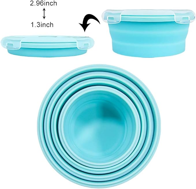 URBEST Collapsible Bowls, Silicone Food Storage Containers with Lids for Camping, Set of 4 Round Silicone Lunch Containers, Microwave and Freezer Safe (Pink, 4) (Blue)