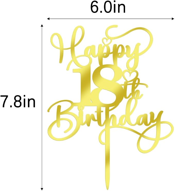 Happy 18th Birthday Cake Topper,Mirrored Gold Acrylic Birthday Topper for Cheers to 18 Years Birthday/Anniversary Party Decoration Ideas, Perfect Keepsake for your family and friends (18th)