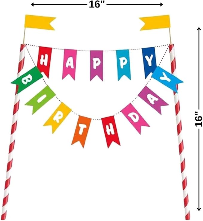 Multicolor Rainbow Birthday Bunting Paper Cake Topper - 3.5", Eye-Catching & Unique Design - Perfect Party Cake Decoration - Pack Of 1