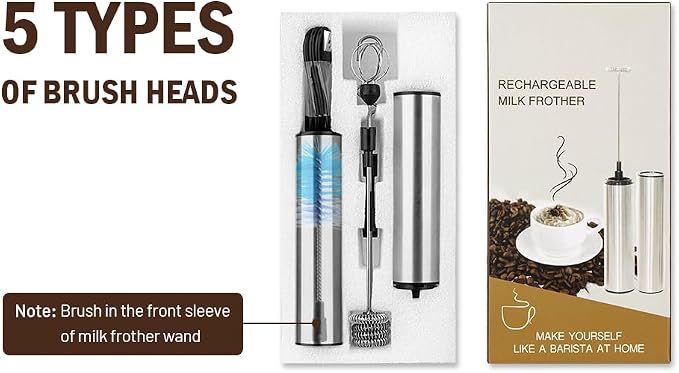 Milk Frother Wand for Coffee, Coffee Foamer Drink Mixer,Handheld Frother Rechargeable Electric Whisk with 5 Heads 2 Speeds for Latte, Cappuccino, Hot Chocolate, Egg(Home and Travel Set Silvery)