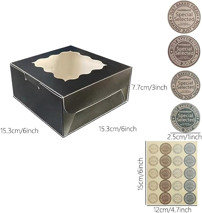 Generic 50Pcs (6x6x3 in) Mini Cake Boxes+3 stickers with Display Window for Gift Giving, Bakesale, Cupcakes, Dessert, Cookies, Pie, Macaroons, Donuts, Pastry, Kraft Paper Material… (50Pcs Black)