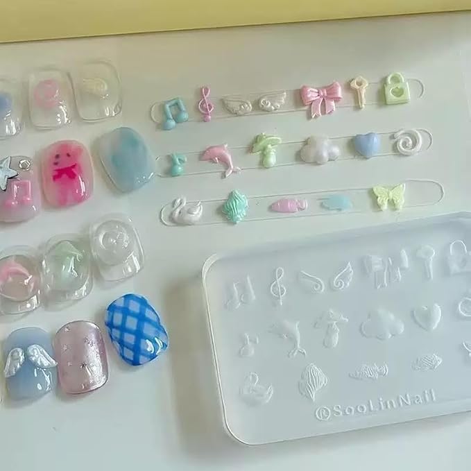 4Pcs Nail Art Silicone Molds 3D Charms Steampunk Gear Cutlery Cute Shapes for UV Gel Acrylic DIY Crafting Jewelry Making
