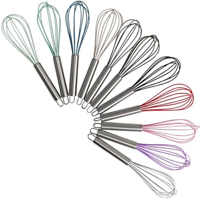1-Piece Khaki Silicone Whisk with Stainless Steel Handle BRIIEC 10-inch Egg Beater Milk Beater Balloon Whisk Manual Baking Tool for Blending Stirring Whisking and Beating
