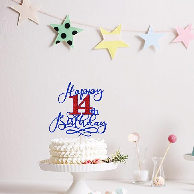 Happy 14th Birthday Cake Topper,Deep blue font red Numbers 14th Birthday Cake Decoration,Hello 14, Cheers to 14 Years/14th Anniversary,14& Fabulous Party Decoration