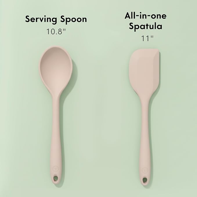 NonToxic Platinum Silicone Utensils, 100% Plastic-Free, 2-Pcs, Beige | LFGB-certified platinum silicone. Solid steel core, no hidden plastics. 500ยฐF heat resistant. Non-scratch. Dishwasher safe