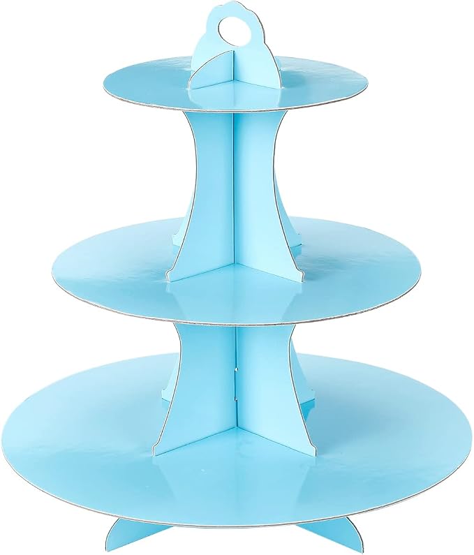 YLDW Cupcake Stand, 3-Tier Cupcake Stand Display, Cardboard Cup Cake Tower Stand, Disposable Dessert Stand for Birthday Tea Party Baby Shower Treat Decorations, Baby Blue