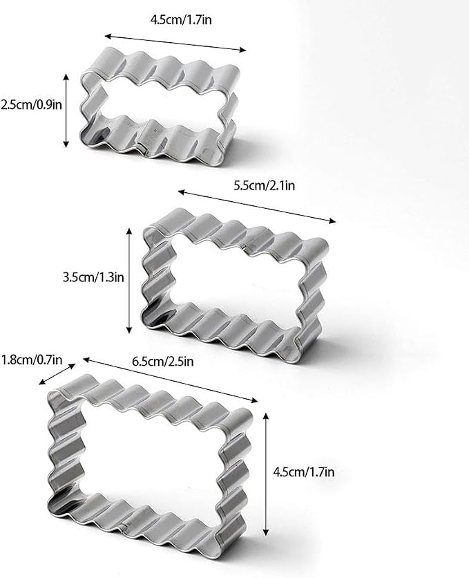 3Pcs Rectangle Square Scalloped Edge Cookie Cutter Set, Stainless Steel Rectangle Biscuit Molds Rectangle Pastry Fluted Edge Cutters for Homemade Baking, Assorted Sizes - 1.3 Inch,1.7 Inch,2.1 Inch