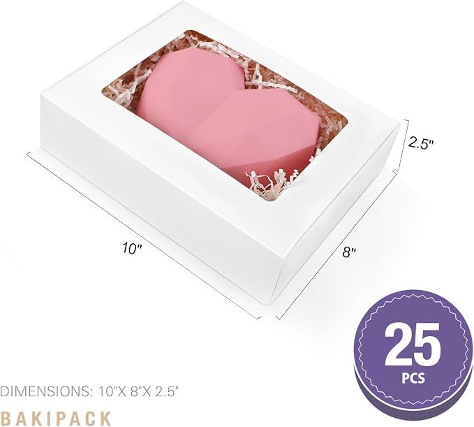 25 Cookies Boxes 10x8x2.5 Inches, White Bakery Boxes with Window, Strawberries Boxes with Window, Treat Boxes for Pie, Donuts, Cookies, Muffins, Chocolate, Party