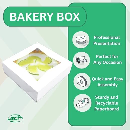 SCT White Window Bakery Box (12 Pack) 9x9x2.5, Auto Pop-Up Containers for Pies, 9 inch Bakery Tray, Cookie Pack with Window, Disposable Cake Box 24133-12