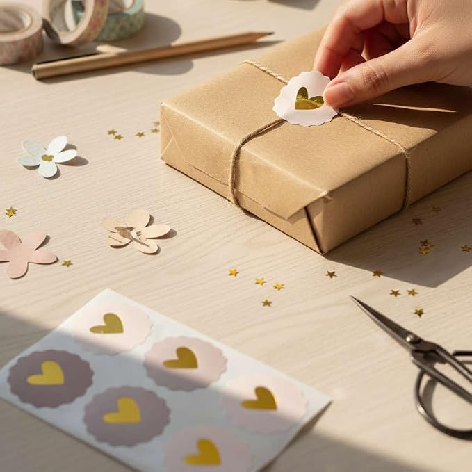 120 Pcs Gold Foil Love Stickers, 2 inch Wavy Edge Seals Decals Circular | gold foil love stickers for handmade packaging, envelopes, gift boxes, mailers, wedding invitation and party favors.
