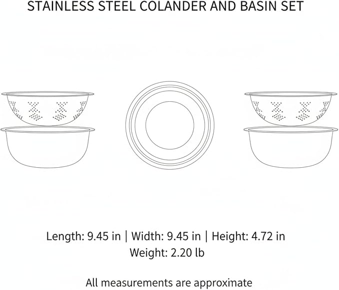 2-Piece Stainless Steel Colander and Bowl Set, Nested Strainer for Washing Veggies, Draining Pasta, and Food Prep (Silver)
