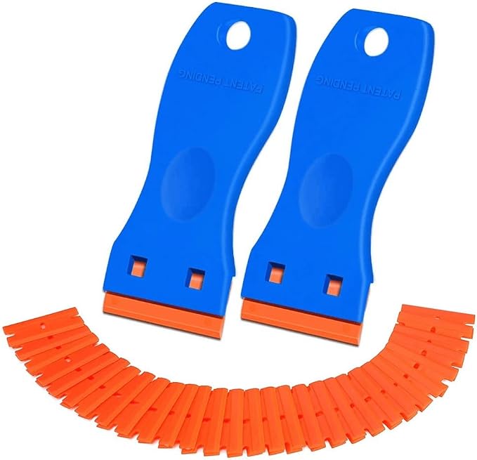 Plastic Razor Blade Scraper 2 Pack, 100 Blades, Storage Case | Adhesive & sticker remover for glass, car windows, 3D printer beds, decals, labels, caulk & gaskets; non-scratch