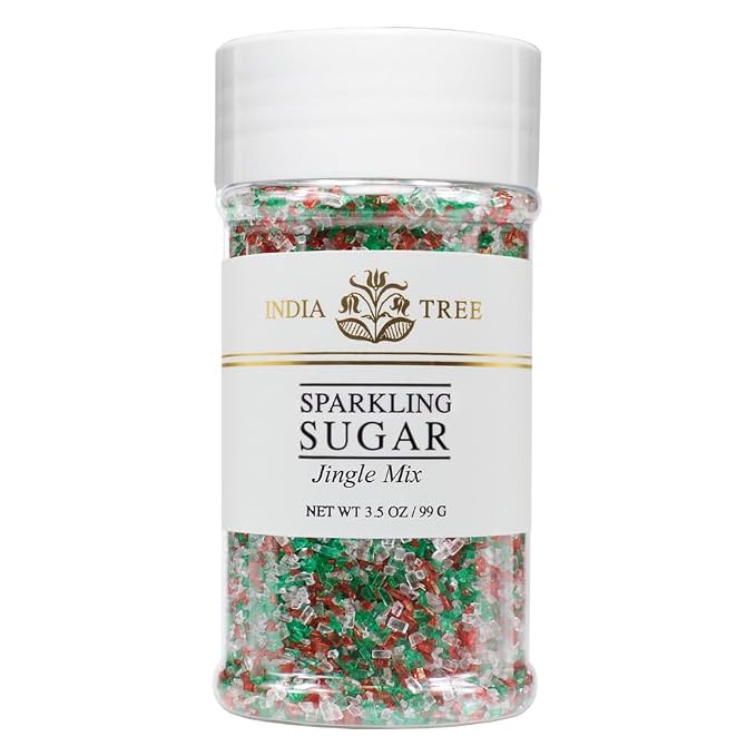 India Tree Jingle Mix Sparkling Sugar, 3.5 oz | Classic Red, Green & White Blend for Holiday Baking